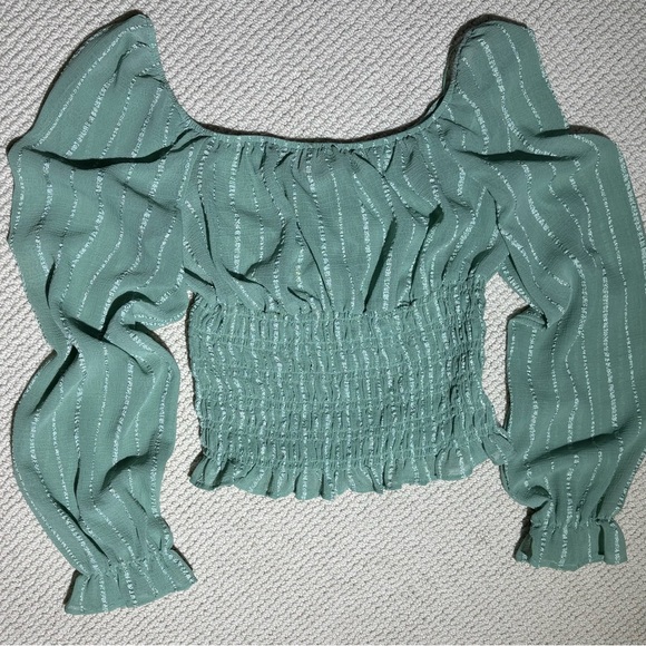 Rabbit Rose Tops - Smocked semi sheer crop top women’s L puffed sleeve ruffle ribbon feminine green